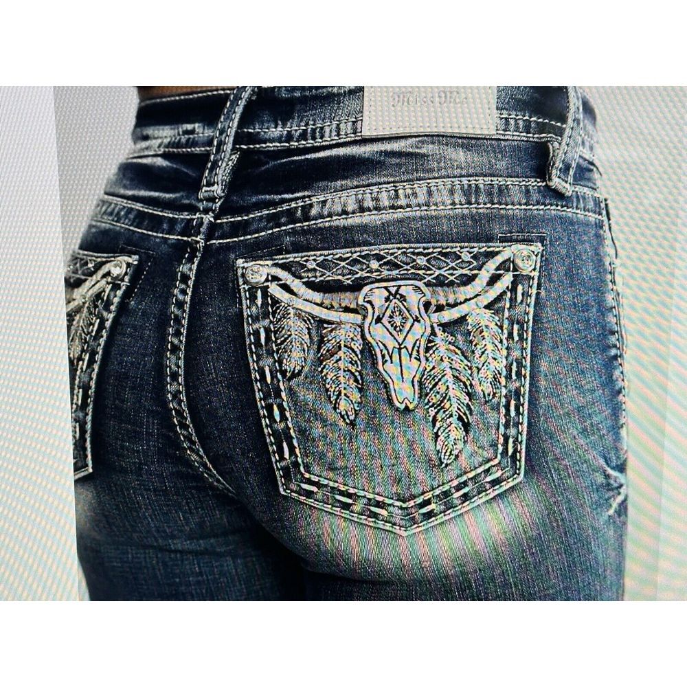 MISS ME Curvy Boot Jeans SZ.29WX33L Western Longhorn Skull Feather Rare Find!